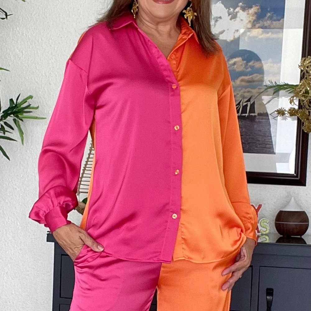 Pink and Orange Satin Button-Up Shirt
